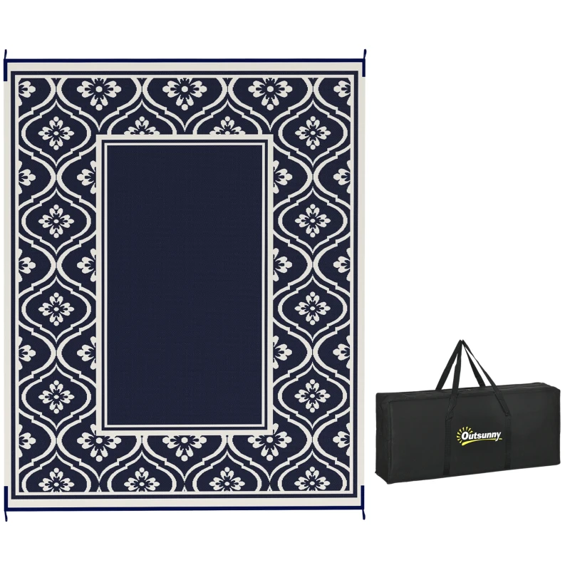 Outsunny Reversible Outdoor Rug, Waterproof Plastic Straw with Carry Bag, 8' x 10', Blue & White Gourd Border