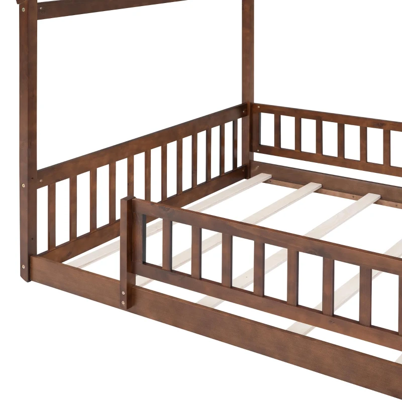 Full Size Wood House Bed with Roof and Fence, Sturdy Pinewood Bed Frame for Kids and Teens, 79.5" L x 57" W x 63" H, Walnut