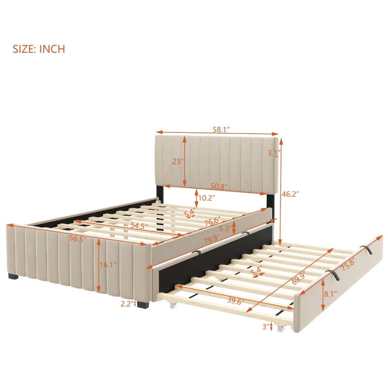 Space-Saving Full Size Upholstered Platform Bed with Twin-Size Trundle, Solid Bed Frame with 10 Reinforced Slats, 80" L x 58" W x 46" H, Beige