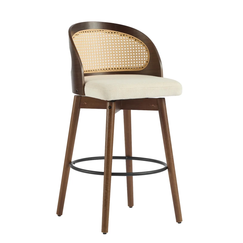 Swivel Bar Chairs with Ergonomic Curved Back, Cozy Stools with Hand‑Woven PE Cane Back, 18" L x 19" W x 35.5" H, Beige+Walnut