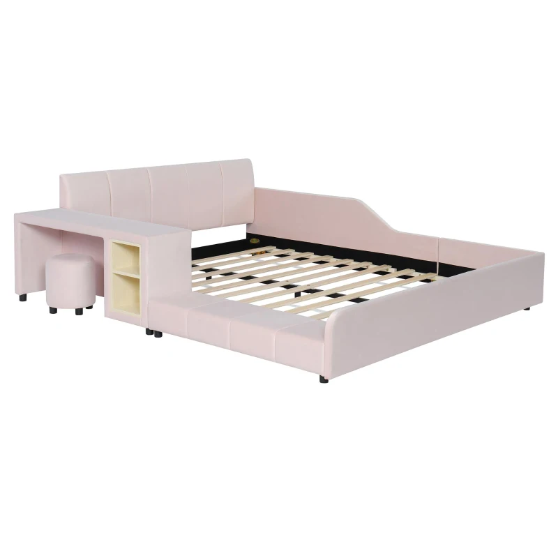 Queen-Size Upholstered Platform Bed with Bedside Desk and Stool, Cozy Bed Frame with Streamlined Structure, 84.5" L x 74" W x 28" H, Pink