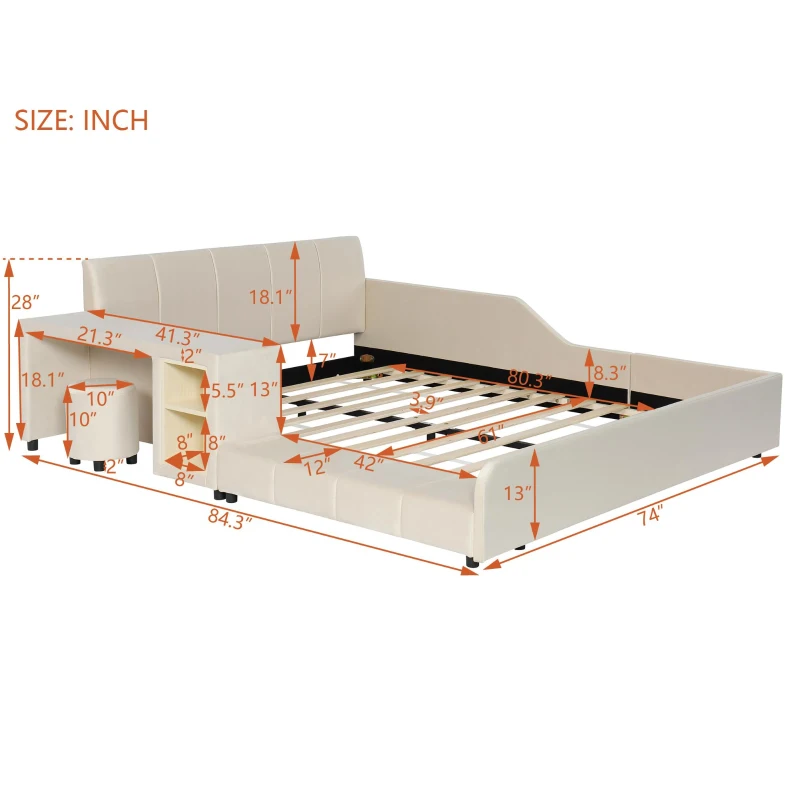 Queen-Size Upholstered Platform Bed with Bedside Desk and Stool, Cozy Bed Frame with Streamlined Structure, 84.5" L x 74" W x 28" H, Beige