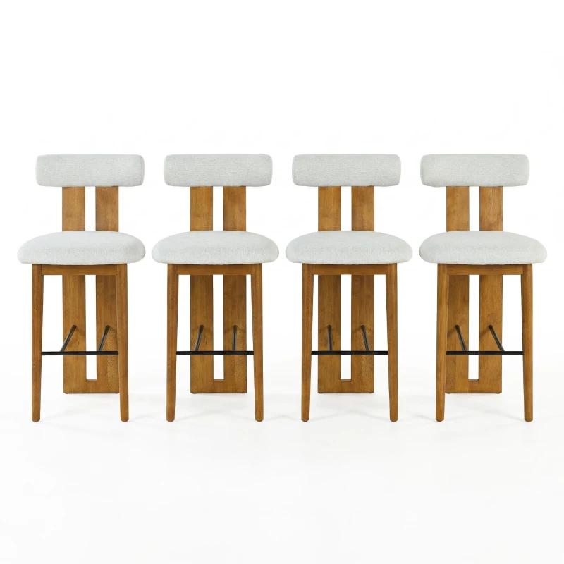 Modern Bar Stool Set of 4 with Padded Upholstered Seat, Indoor Bar Chairs with Ergonomic Cylindrical Backrest,19'' L x 23'' W x 43'' H, Ivory+Walnut