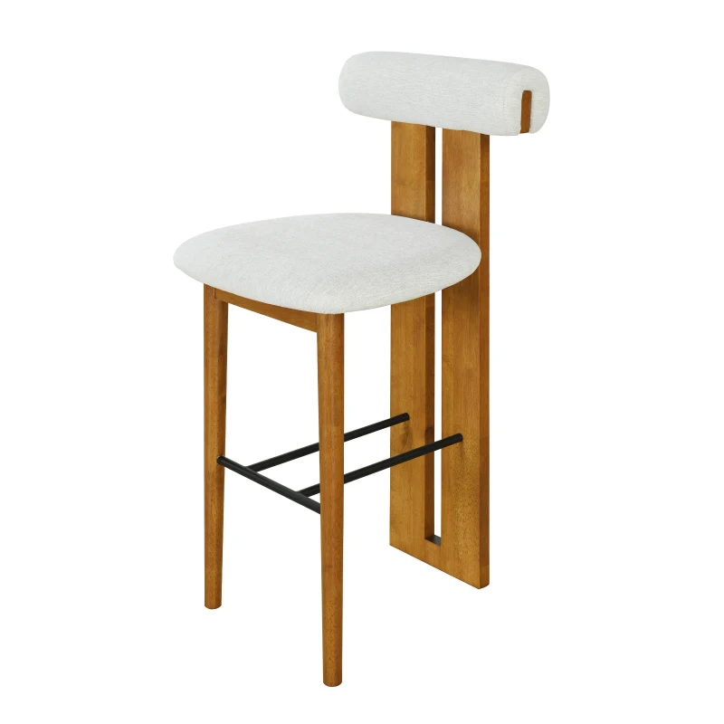 Indoor Modern Bar Stools Set of 2 with Rubber Wood Frame, Fixed Non-Swivel Bar Chairs with Sturdy Metal Footrest, 19'' L x 23'' W x 43'' H, Ivory+Walnut