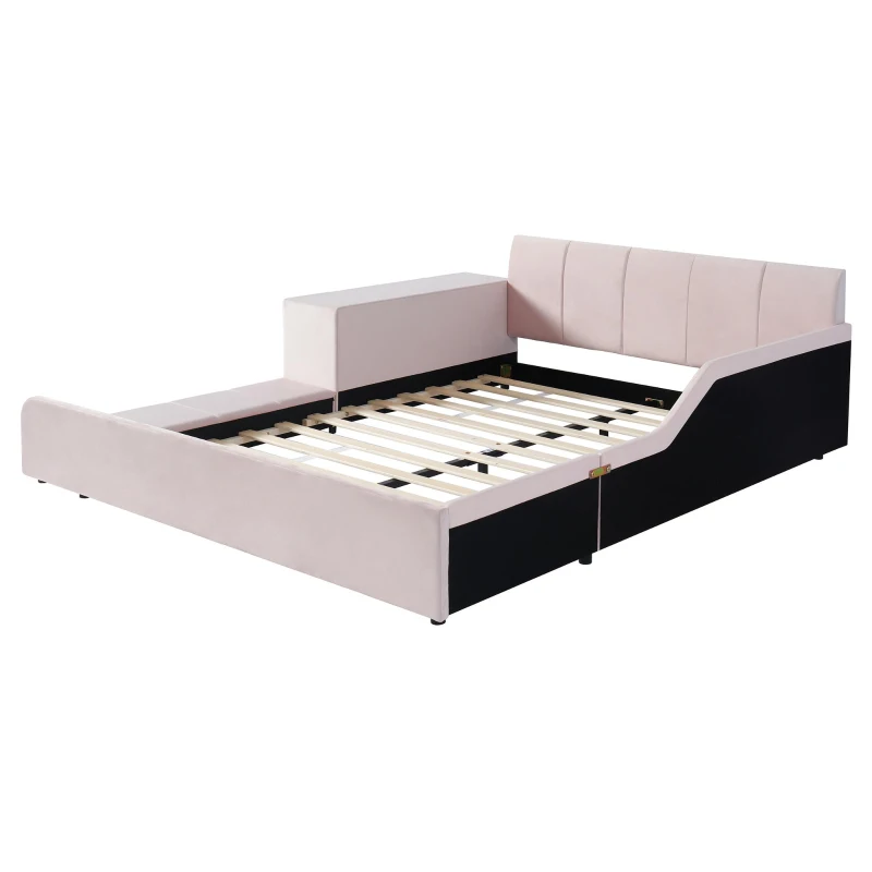 Queen-Size Upholstered Platform Bed with Bedside Desk and Stool, Cozy Bed Frame with Streamlined Structure, 84.5" L x 74" W x 28" H, Pink