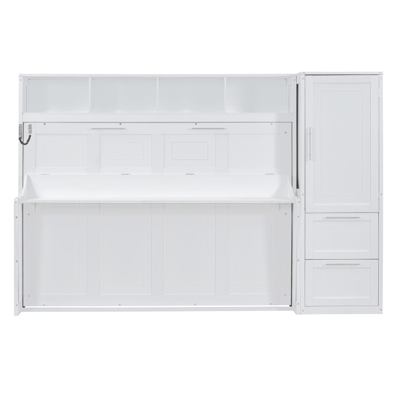 Space-Saving Full Size Murphy Wall Bed with Integrated Shelf, Customizable Bed Frame with Closet and 2 Drawers, 107.5" L x 58" W x 72" H, White