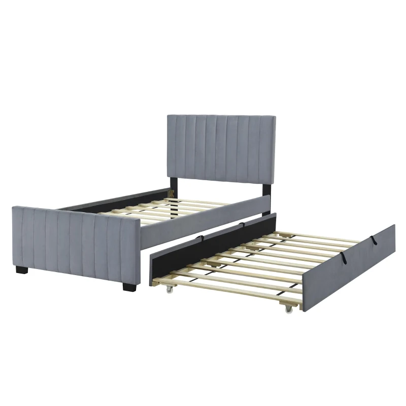 Space-Saving Twin Size Upholstered Platform Bed with Trundle Under Bed, Cozy Bed Frame with Velvet Fabric, 80" L x 41.5" W x 42.5" H, Gray