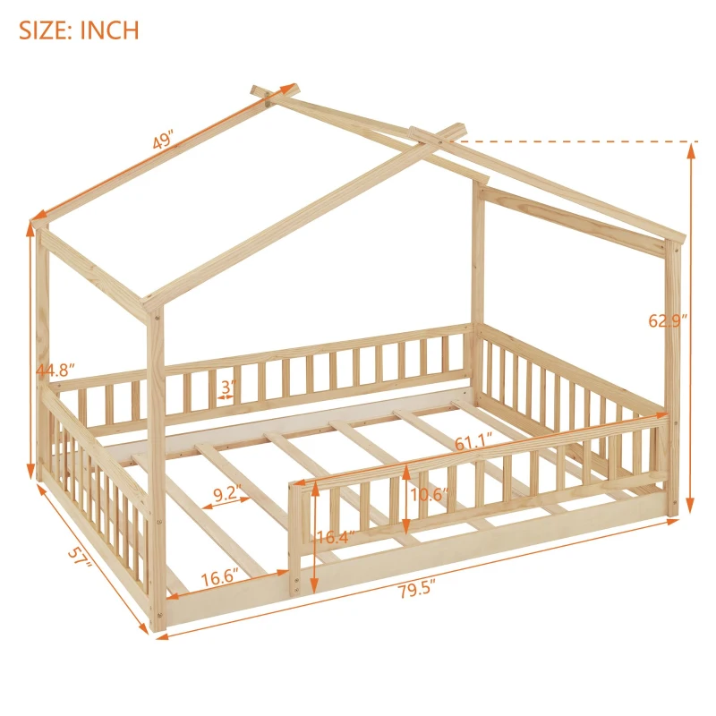 Full Size Wood House Bed with Roof and Fence, Sturdy Pinewood Bed Frame for Kids and Teens, 79.5" L x 57" W x 63" H, Natural