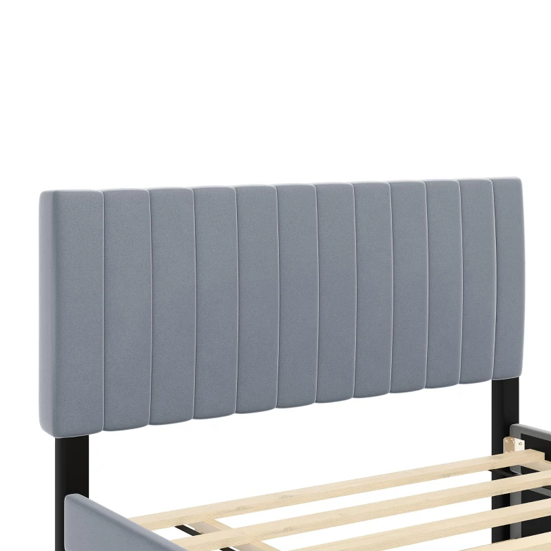 Space-Saving Full Size Upholstered Platform Bed with Twin-Size Trundle, Solid Bed Frame with 10 Reinforced Slats, 80" L x 58" W x 46" H, Gray