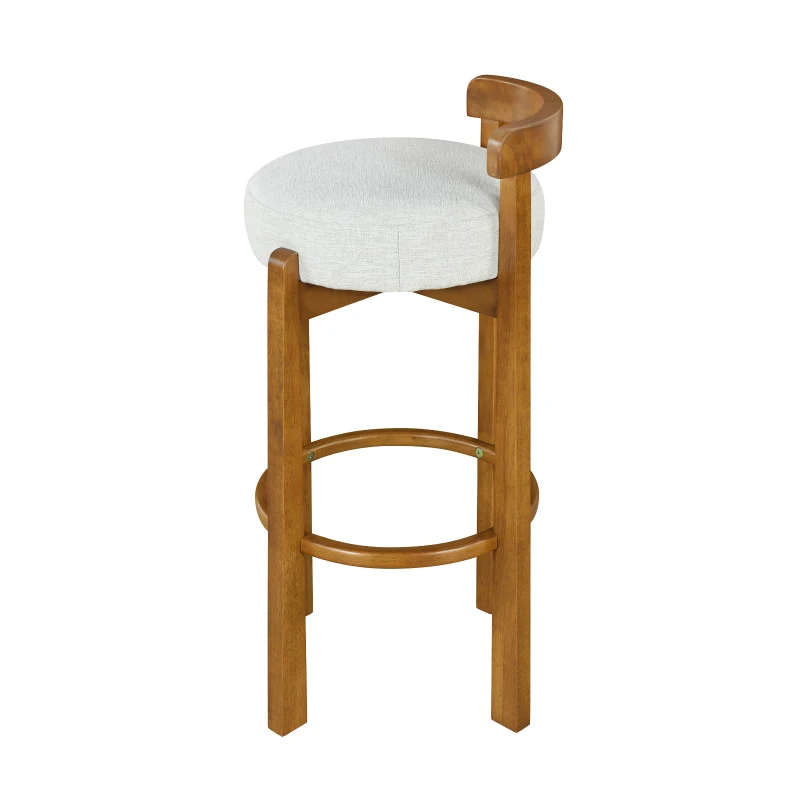 Modern Round Seat Bar Stools with Ergonomic Curved Backrest, Sherpa Padded Chairs with Integrated Footrest, 16'' L x 16.5'' W x 34'' H, Ivory+Walnut