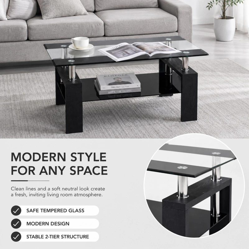 Tempered Glass Coffee Table with Tempered Glass Top, Space-Saving Center Table with Sturdy Legs, 34.5'' L x 18.5'' W x 17.5'' H, Black+Transparent