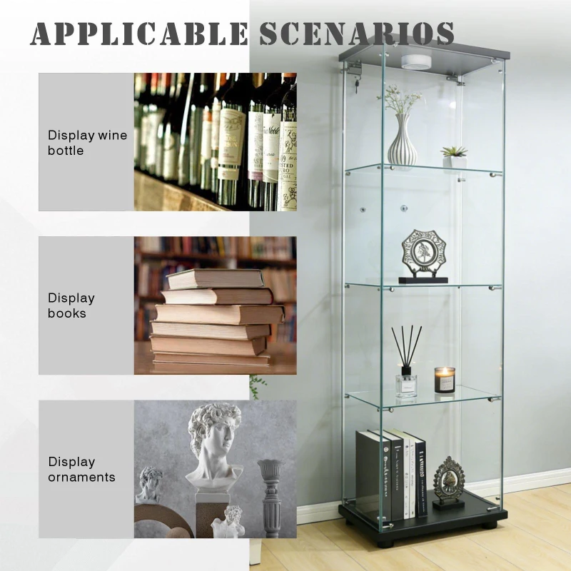Floor-Standing Curio Bookcase with Tempered Glass Door, LED Glass Display Cabinet with Adjustable Feet, 16.5'' L x 14.5'' W x 64.5'' H, Black