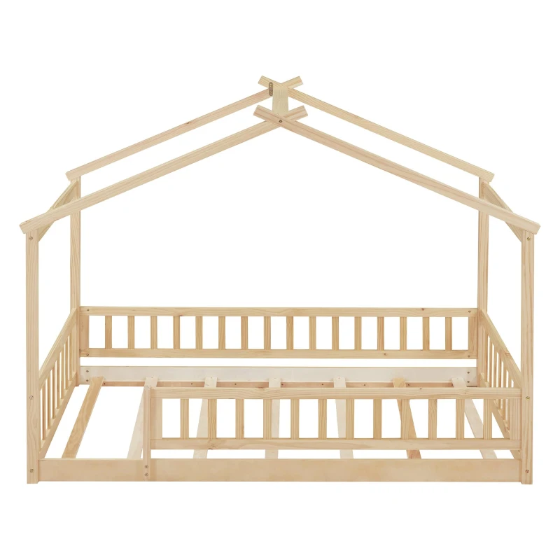 Comfortable Twin House Bed Frame with Roof and Fence, Sturdy Pinewood Platform Bed with Semi-enclosed Space, 79.5" L x 42" W x 63" H, Natural