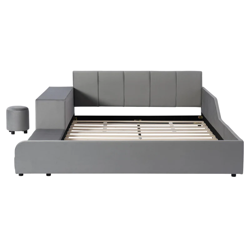 Queen-Size Upholstered Platform Bed with Bedside Desk and Stool, Cozy Bed Frame with Streamlined Structure, 84.5" L x 74" W x 28" H, Gray