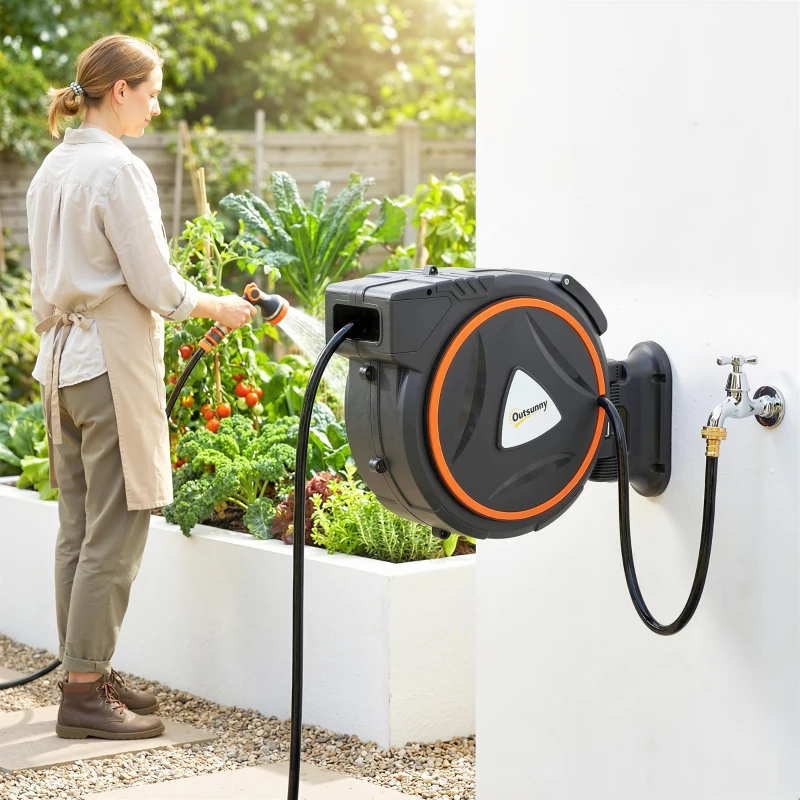 Outsunny Retractable Garden Hose Reel, 1/2" x 59ft Wall Mounted Hose Reel with 12-Pattern Nozzles, Auto Retraction, Self-Locking