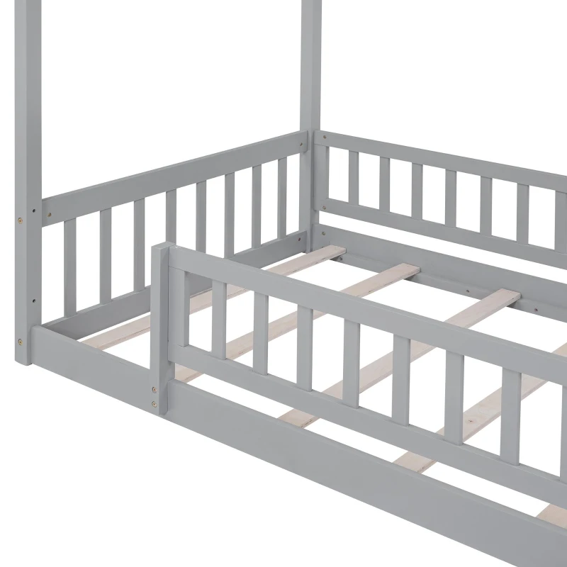 Comfortable Twin House Bed Frame with Roof and Fence, Sturdy Pinewood Platform Bed with Semi-enclosed Space, 79.5" L x 41.5" W x 63" H, Walnut