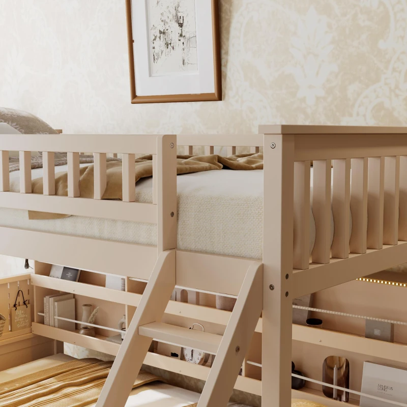 Twin XL Over Queen Bunk Bed with Built-In Storage Shelf and Safety Rope, Useful Bed Frame with Pegboard Side Panel, 83.5" L x 62.5" W x 59" H, Beige
