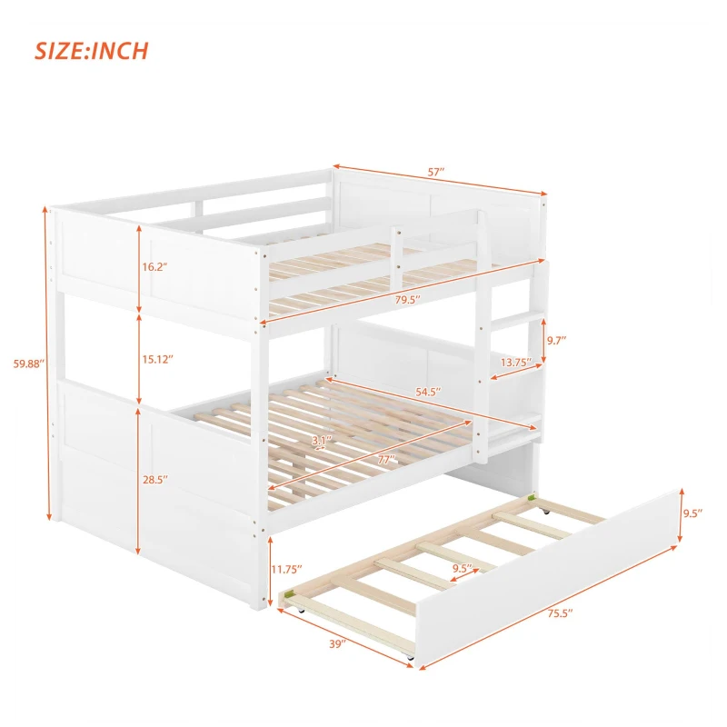 Full-Over-Full Bunk Bed with Pullout Trundle, Space-Saving Bed Frame with 2 Separate Beds, 79.5" L x 57" W x 60" H, White