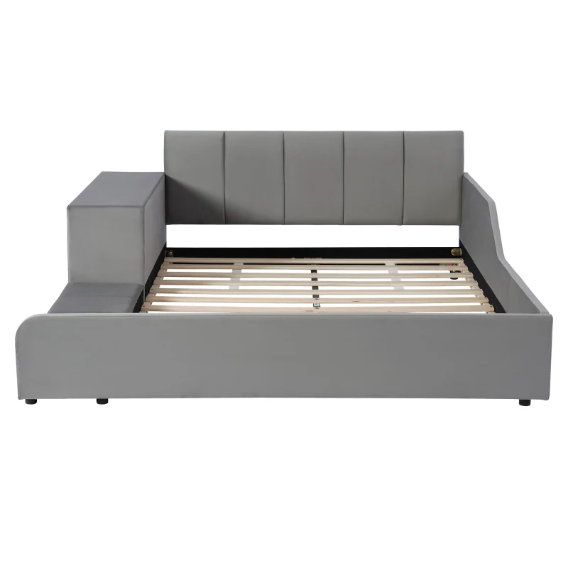 Full Size Upholstered Platform Bed with Bedside Desk and Stool, Cozy Bed Frame with Streamlined Structure, 79.5" L x 68" W x 28" H, Gray