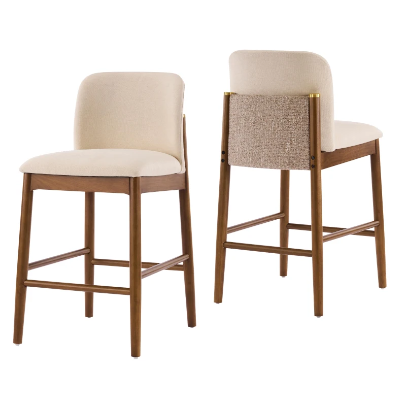 Cozy Lois Indoor Upholstered Wooden Stools with Padded Soft Fabric, Sturdy Bar Chairs with Footrest, 19" L x 22" W x 37" H, Beige+Walnut