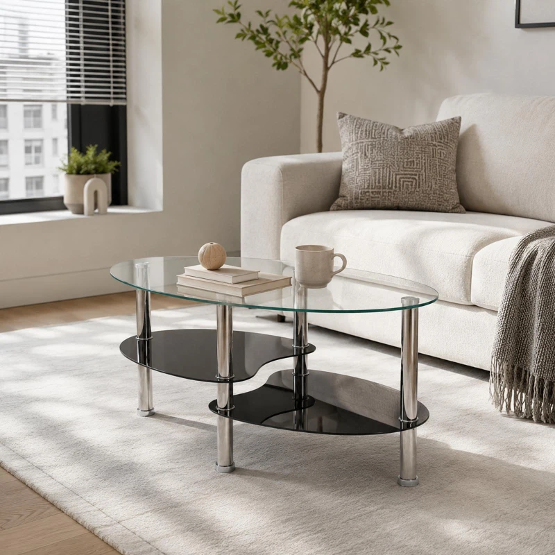 Oval Tempered Glass Coffee Table with Stainless Steel Legs, Modern Centre Table with Rounded Edges, 34.5'' L x 19'' W x 16'' H, Black+Transparent