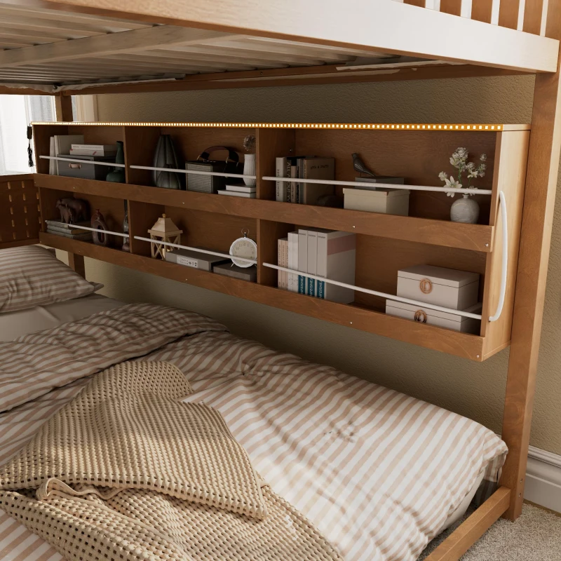 Full Over Full Bunk Bed with Convenient Storage Headboard, Unique Bed Frame with Multi-Color Light Strip, 79" L x 57.5" W x 57" H, Brown