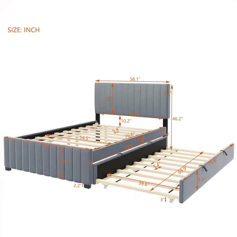 Space-Saving Full Size Upholstered Platform Bed with Twin-Size Trundle, Solid Bed Frame with 10 Reinforced Slats, 80" L x 58" W x 46" H, Gray