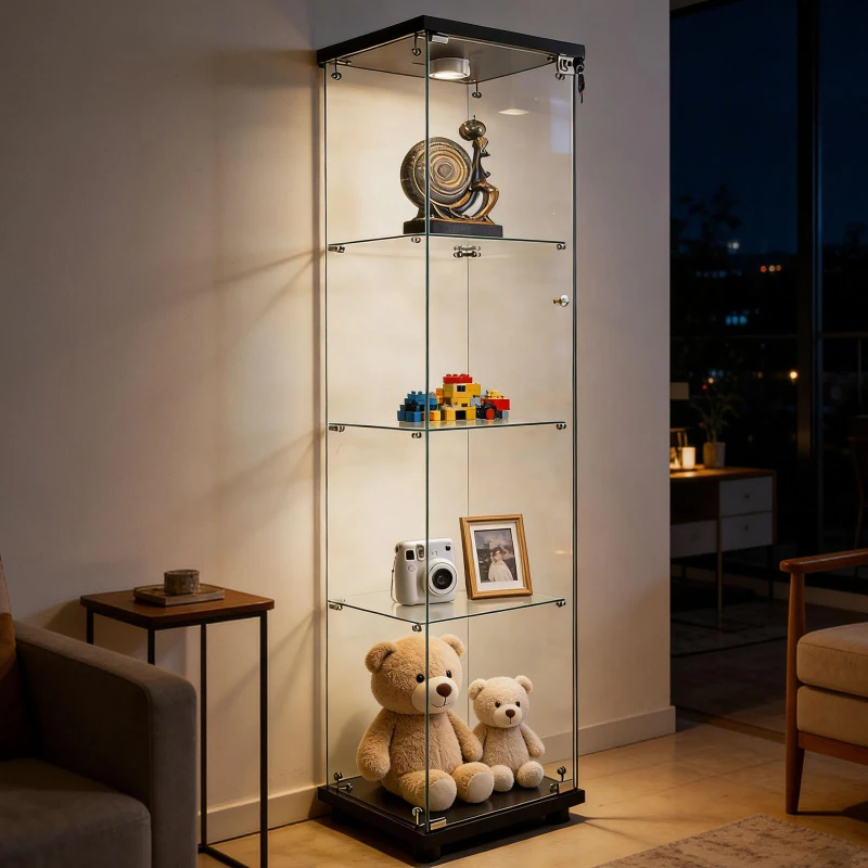 Floor-Standing Curio Bookcase with Tempered Glass Door, LED Glass Display Cabinet with Adjustable Feet, 16.5'' L x 14.5'' W x 64.5'' H, Black