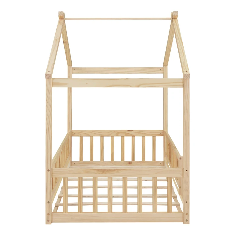Comfortable Twin House Bed Frame with Roof and Fence, Sturdy Pinewood Platform Bed with Semi-enclosed Space, 79.5" L x 42" W x 63" H, Natural