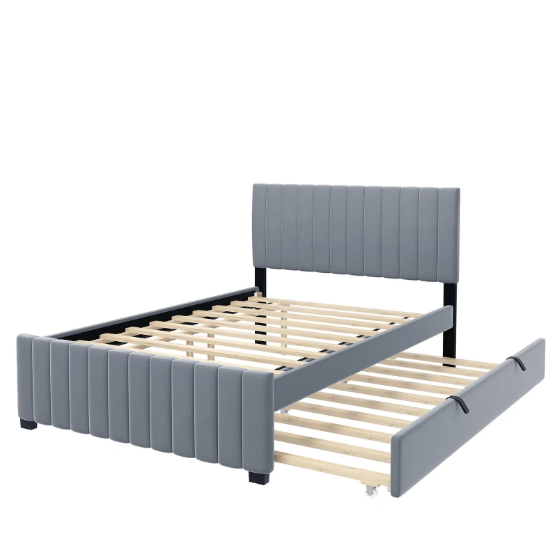 Space-Saving Full Size Upholstered Platform Bed with Twin-Size Trundle, Solid Bed Frame with 10 Reinforced Slats, 80" L x 58" W x 46" H, Gray