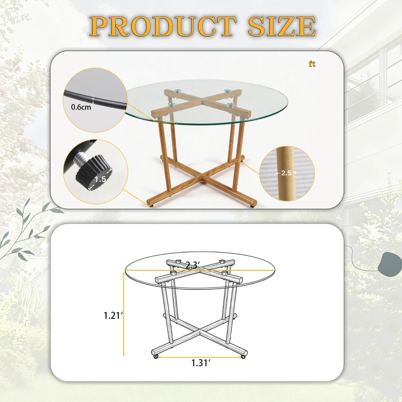 Round Tempered Glass Coffee Table with Solid Iron Legs, Modern Center Table with Stable Frame, 27.5'' L x 27.5'' W x 14.5'' H, Natural+Transparent