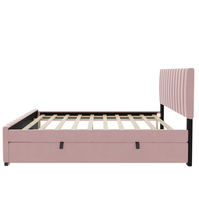 Space-Saving Full Size Upholstered Platform Bed with Twin-Size Trundle, Solid Bed Frame with 10 Reinforced Slats, 80" L x 58" W x 46" H, Pink