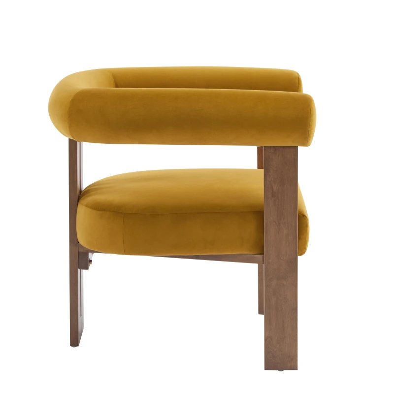 Round Arm Accent Chair with Velvet Upholstery, Curved Backrest Armchair with Solid Birch Wood Base, 31'' L x 29'' W x 30'' H, Mustard Yellow+Walnut