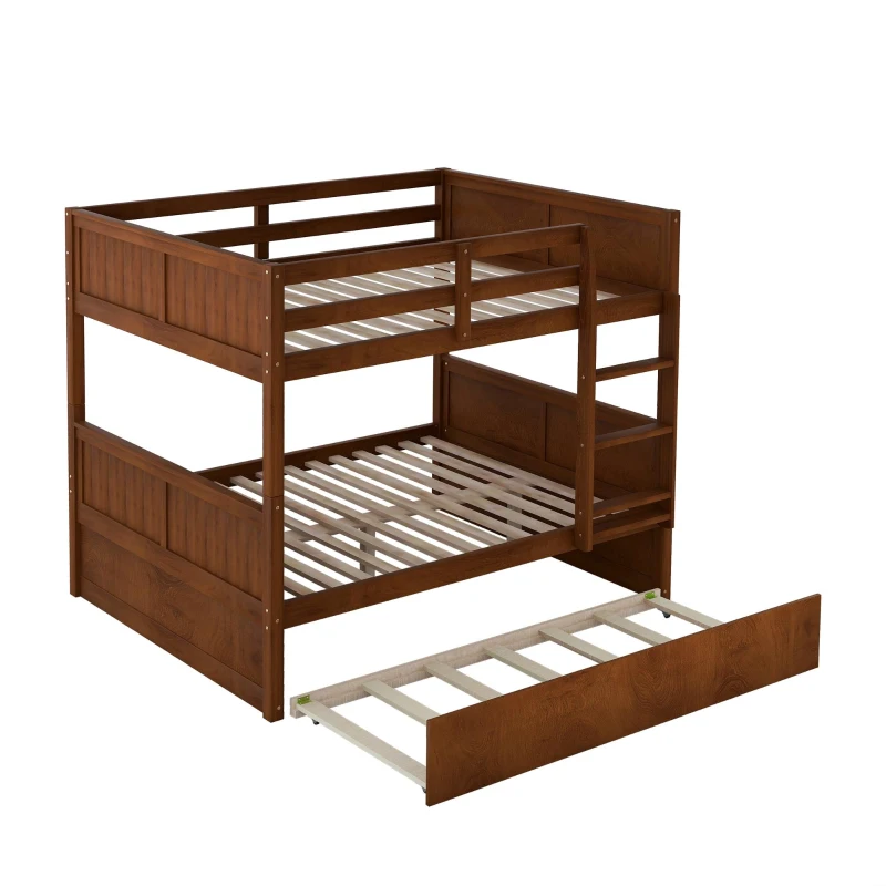 Full-Over-Full Bunk Bed with Pullout Trundle, Space-Saving Bed Frame with 2 Separate Beds, 79.5" L x 57" W x 60" H, Walnut