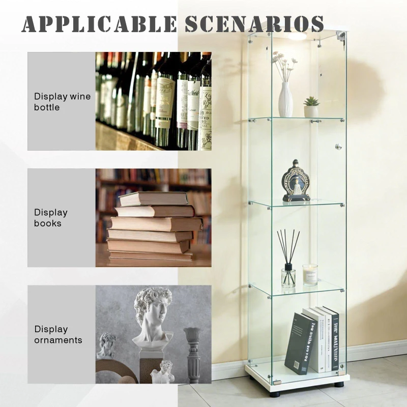 Floor-Standing Curio Bookcase with Tempered Glass Door, LED Glass Display Cabinet with Adjustable Feet, 16.5'' L x 14.5'' W x 64.5'' H, White