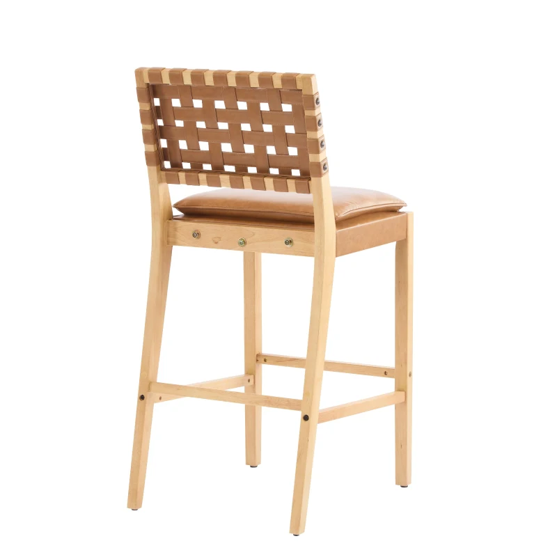 Modern Bar Stools with Hand‑Woven PU Back, Strap-Back Bar Chairs with Padded PU Seat, 18'' L x 21.5'' W x 40.5'' H, Brown+Natural