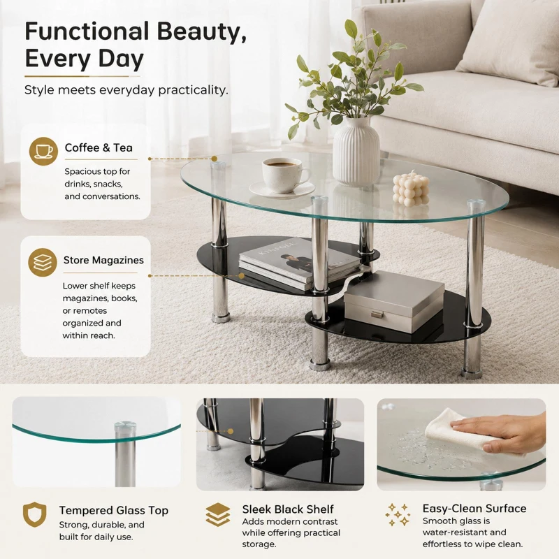 Oval Tempered Glass Coffee Table with Stainless Steel Legs, Modern Centre Table with Rounded Edges, 34.5'' L x 19'' W x 16'' H, Black+Transparent