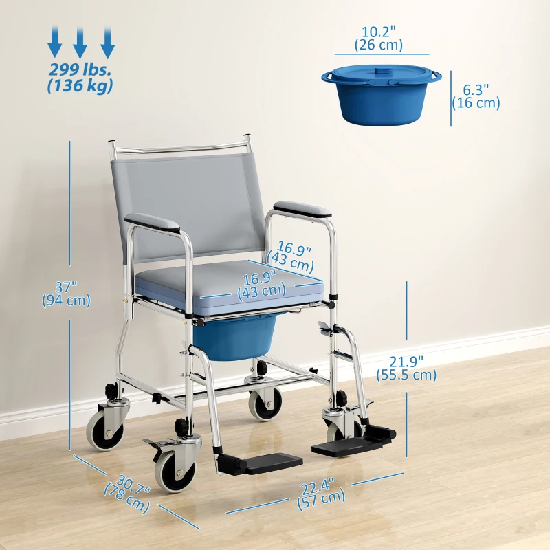 HOMCOM Rolling Shower Chair, Bedside Commode Wheelchair with Padded Seat, Backrest, for Seniors, Disabled, 300 lbs, Grey