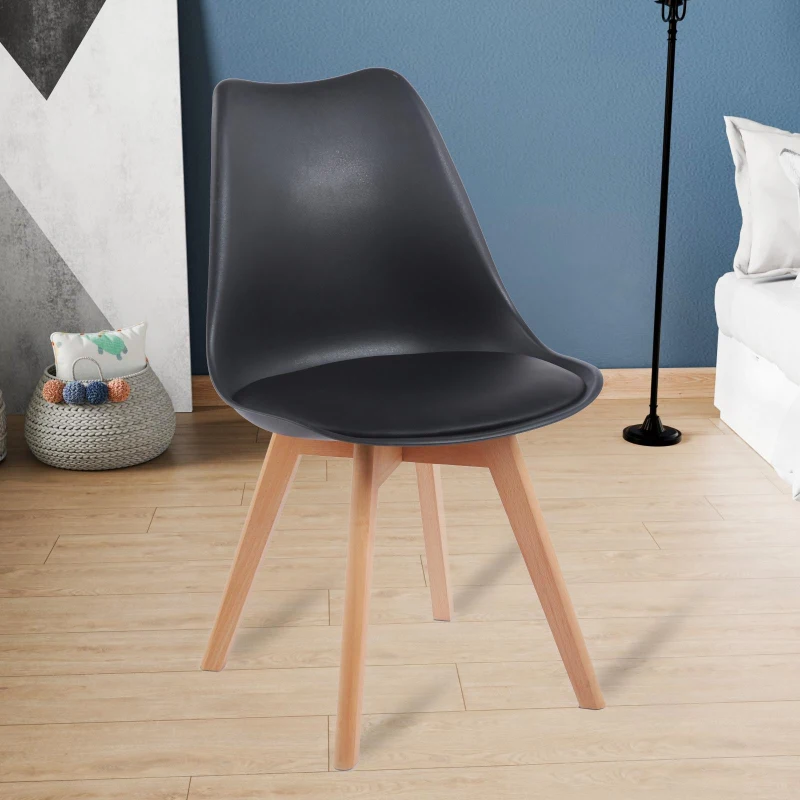 Modern Dining Chairs with Ergonomic High-Density Foam Backrest, Wooden-Legged Side Chairs with PU Leather Upholstery, 19.5L x 16.5W x 32H, Black
