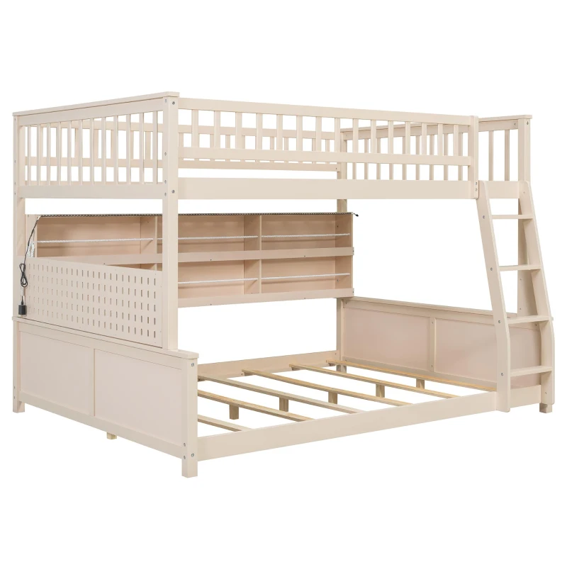 Full XL Over Queen Bunk Bed with Built-In Storage Shelf and Safety Rope, Useful Bed Frame with Pegboard Side Panel, 83.5" L x 62.5" W x 59" H, Beige