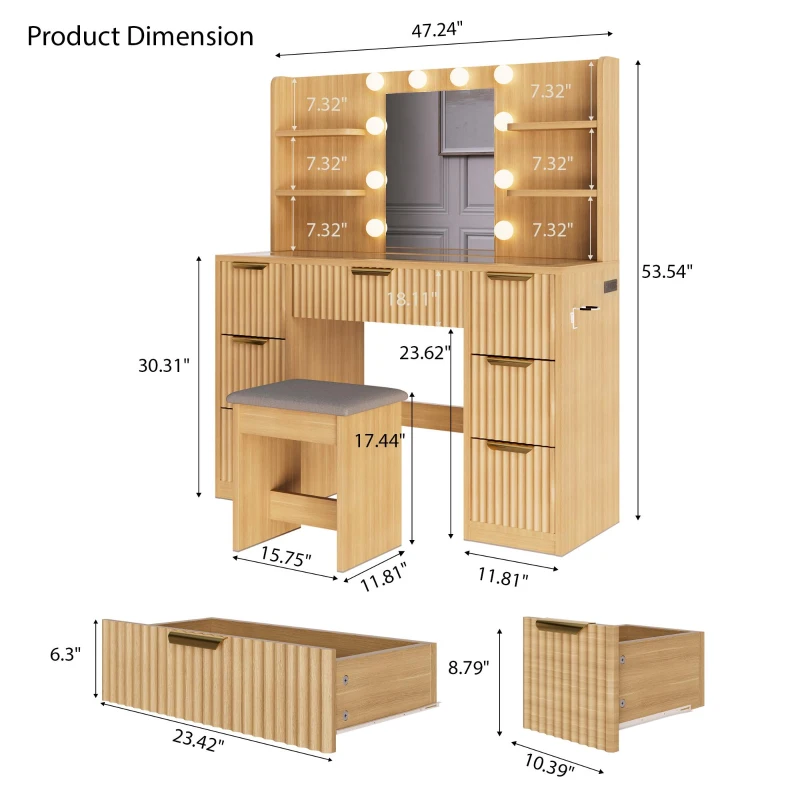 Spacious Makeup Vanity Desk with 3 Shelves and 7 Drawers, Functional Makeup Vanity with LED Mirror, 47" L x 15.5" W x 53.5" H, Natural Wood