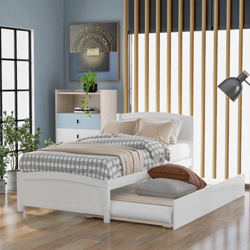 Space-Savimg Twin Size Wood Platform Bed with Roll-Out Trundle, Solid Bed Frame with 10 Supporting Slats, 79.5" L x 41.5" W x 37.5" H, White