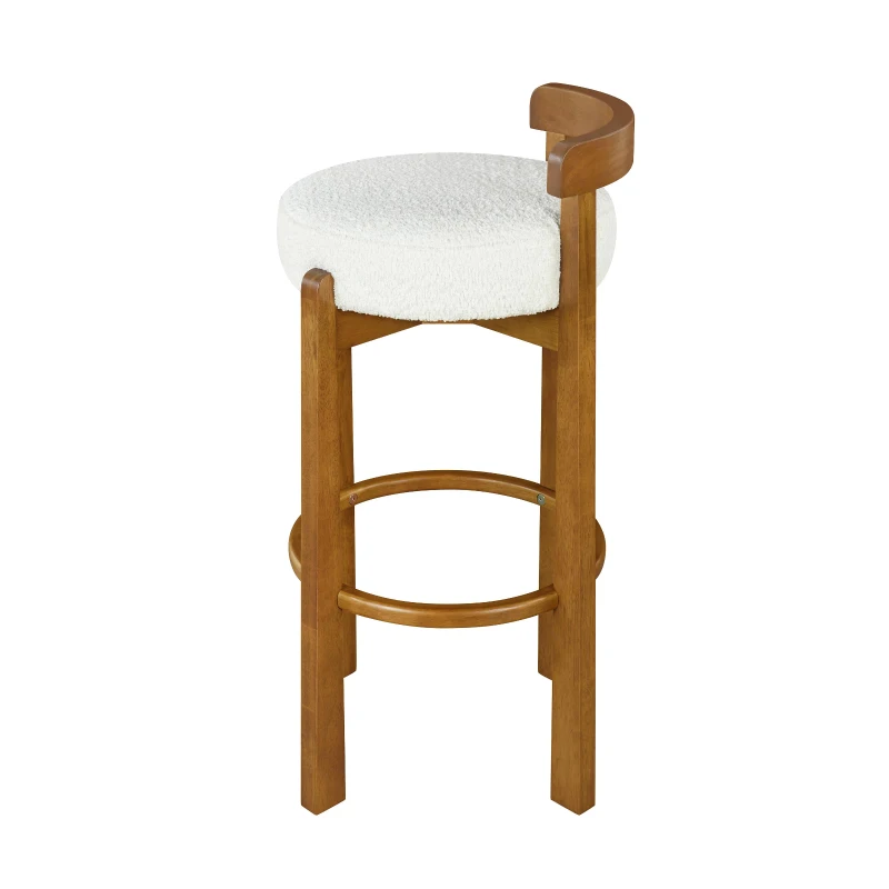 Modern Round Seat Bar Stools with Ergonomic Curved Backrest, Sherpa Padded Chairs with Integrated Footrest, 16'' L x 16.5'' W x 34'' H, Walnut+White