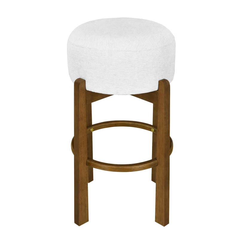 Indoor Round Seat Bar Stools with Solid Rubberwood Frame, Non-Swivel Bar Chairs with Padded Upholstered Seat, 19.5'' L x 19.5'' W x 30'' H, Ivory+Walnut