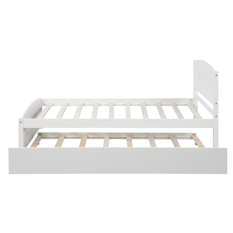 Space-Savimg Twin Size Wood Platform Bed with Roll-Out Trundle, Solid Bed Frame with 10 Supporting Slats, 79.5" L x 41.5" W x 37.5" H, White
