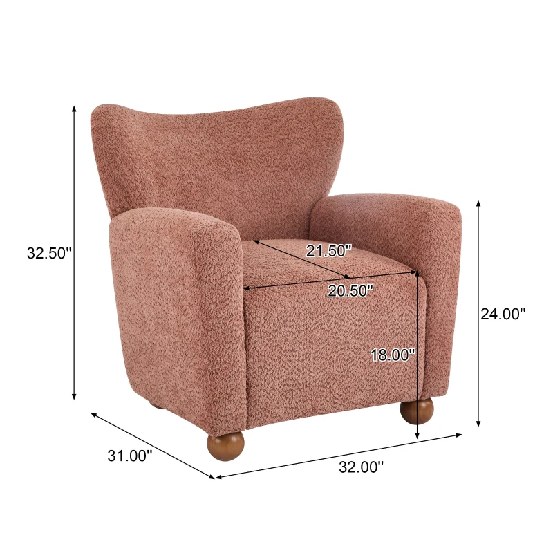 Cozy Wingback Armchair with Premium Fabric Upholstery, Bouclé Accent Chair with Plush Cushioned Seat, 32'' L x 31'' W x 32.5'' H, Coral+Teak