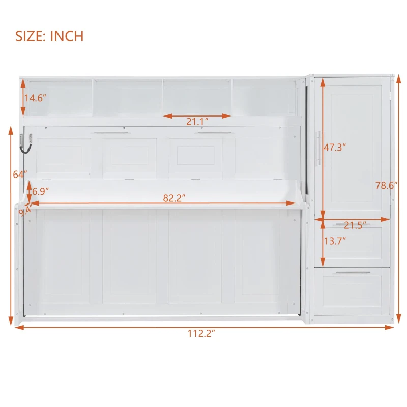 Queen Size Murphy Wall Bed with Storage Shelf, Space‑Saving Bed Frame with Integrated Closet and 2 Drawers, 112" L x 65" W x 78.5" H, White