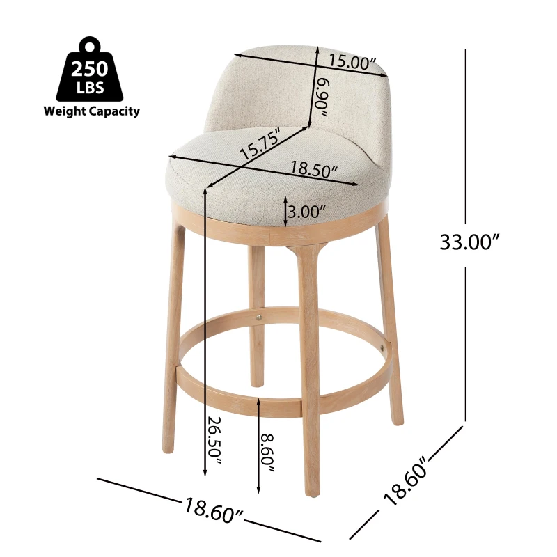 Counter Height Bar Stools with Premium Rubberwood Frame, Modern Bar Chairs with Ergonomic Seat, 18.5'' L x 18.5'' W x 33'' H, Beige+Natural