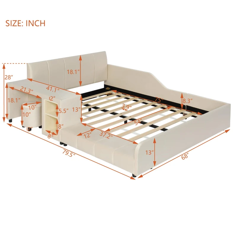 Full Size Upholstered Platform Bed with Bedside Desk and Round Stool, Cozy Bed Frame with Streamlined Structure, 79.5" L x 68" W x 28" H, Beige