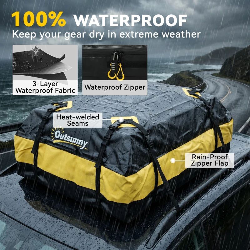 Outsunny Rooftop Cargo Carrier, 15 Cubic Feet Waterproof Soft-Shell Car Roof Storage Bag with Door Hooks, Anti-Slip Mat